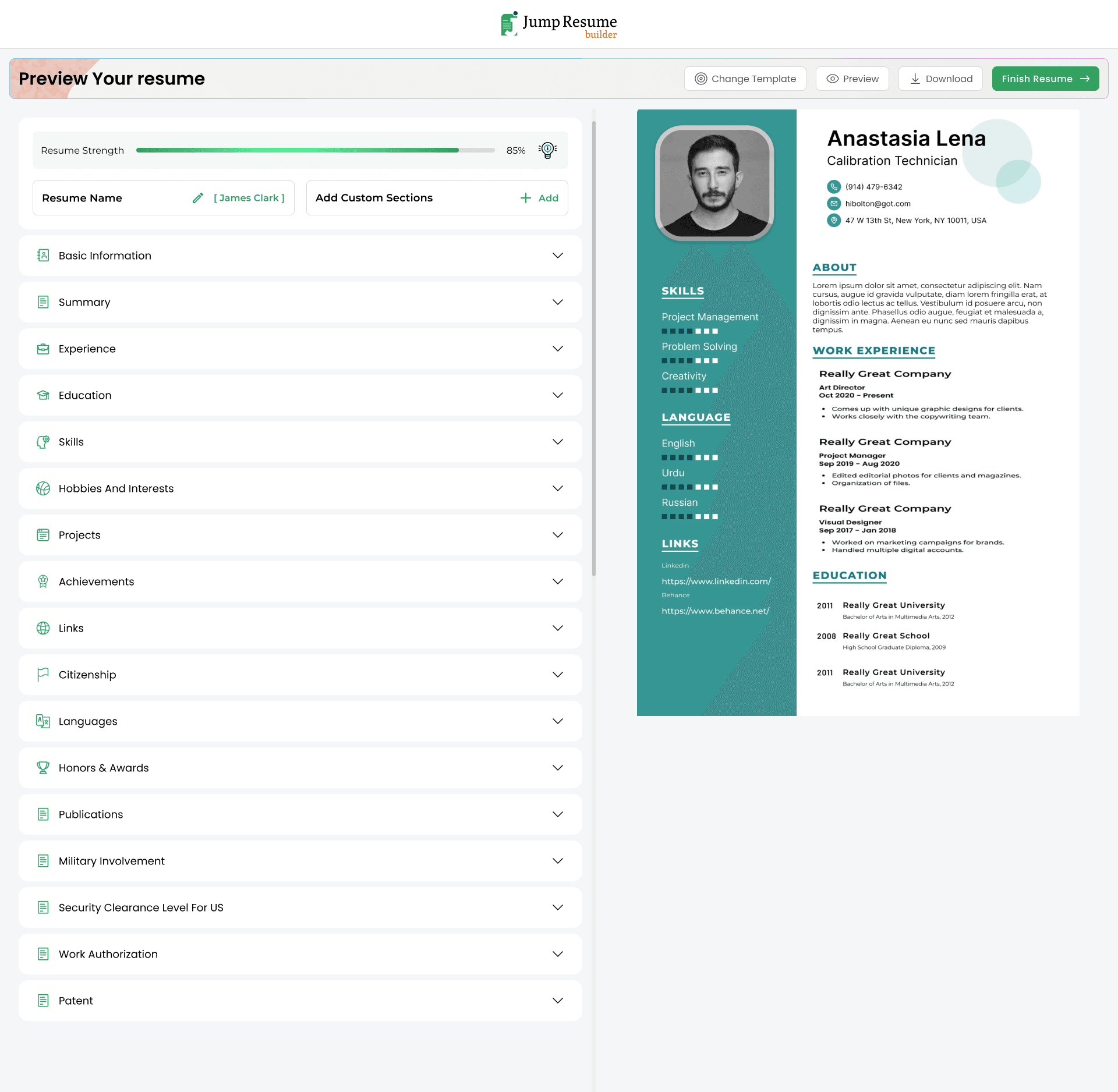 Professional resume builder interface 1